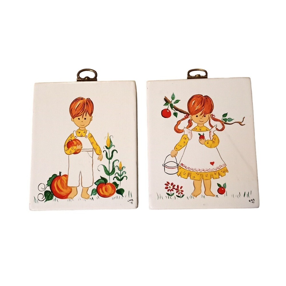 2 Vtg Handmade Wood Block Paintings Redhed Children in Apple Pumpkin Patch 4.5"